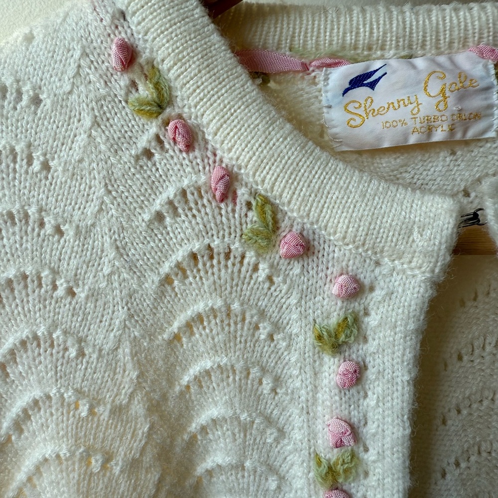 VTG Floral Embroidered Cardigan Sweater Cottagecore Granny Pointelle Coquette L